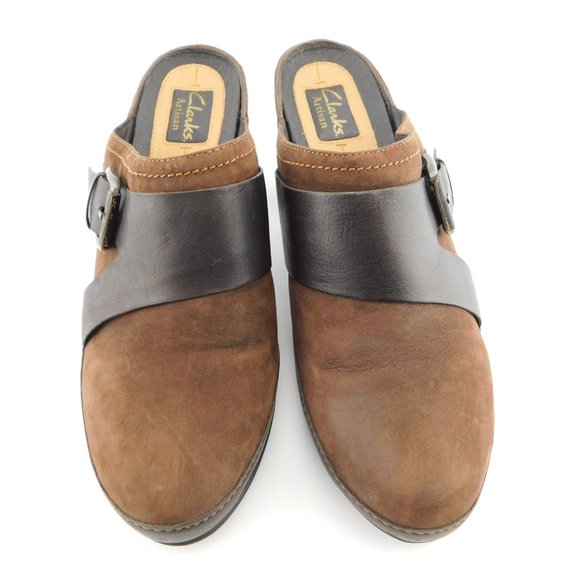 CLARKS Artisan Brown Leather Buckled Slip-on Block Heel Mules  9 - Picture 2 of 7